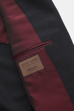 Close-up interior view of the Stile Latino Blazer 'Vincenzo' dark navy melange showing red lining, label, and pocket detail, made from lambswool and cashmere.