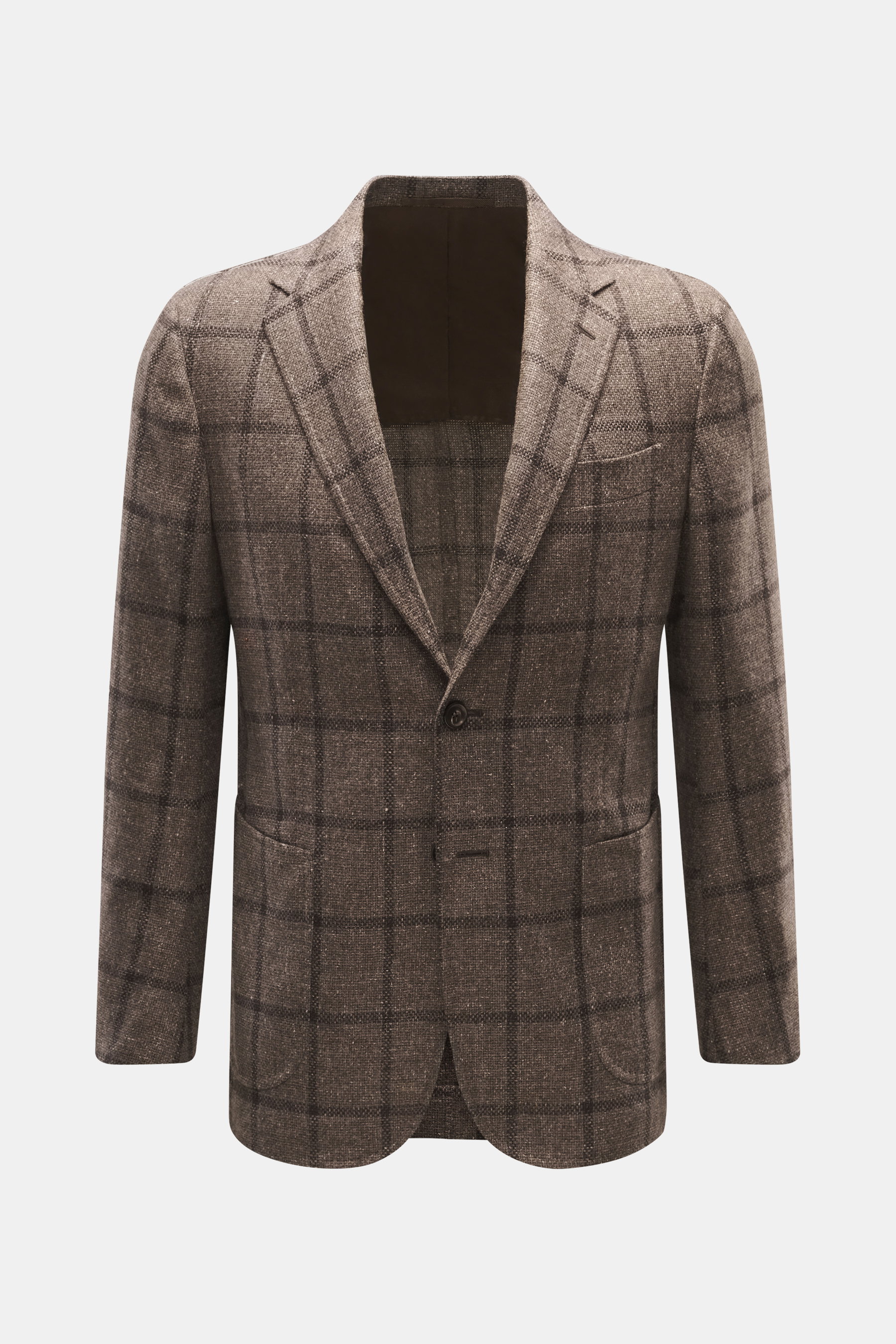 Stile Latino Sakko 'Vincenzo' braun/dunkelbraun kariert, Slim Fit, taillierter Drei-Knopf-Stil, fallendes Revers, Karo-Webmuster, Nahaufnahme frontal.