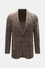 Front view of Stile Latino Blazer 'Vincenzo' brown/dark brown checkered, wool, silk, alpaca mix, slim fit, tailored three-button, notched lapel, patch hip pockets, unfinished cuffs, half lined, rear vents, three inner pockets. 

<p>The classic 'Vincenzo' 