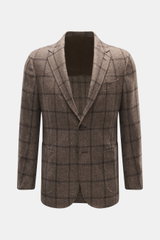 Front view of Stile Latino Blazer 'Vincenzo' brown/dark brown checkered, wool, silk, alpaca mix, slim fit, tailored three-button, notched lapel, patch hip pockets, unfinished cuffs, half lined, rear vents, three inner pockets. 

<p>The classic 'Vincenzo' 