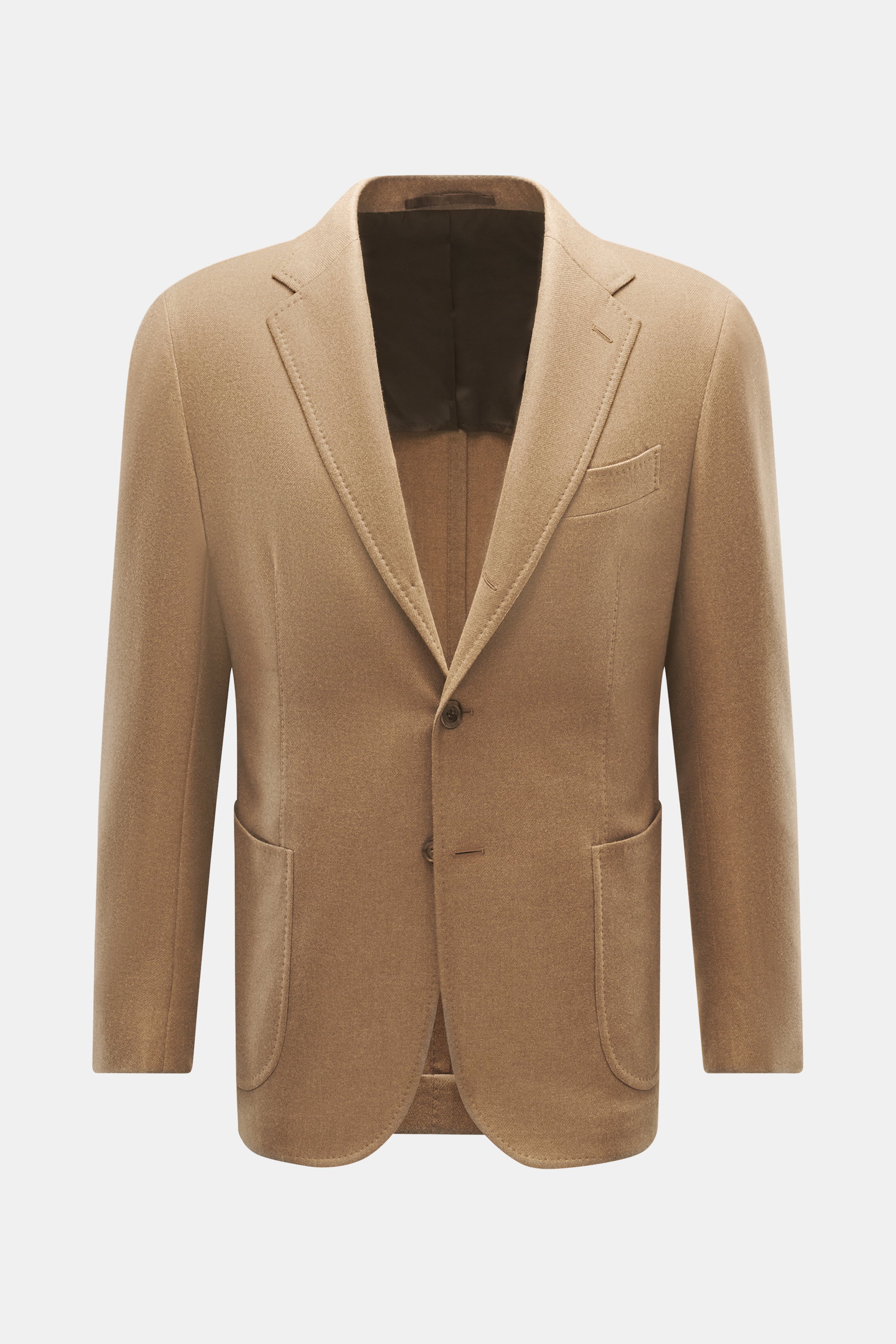 Frontale Nahaufnahme des Stile Latino Sakko 'Vincenzo' beige meliert aus Schurwolle und Cashmere, Slim Fit, taillierter Drei-Knopf-Stil, fallendes Revers.