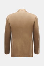 Back view of Stile Latino Blazer 'Vincenzo' beige melange, showcasing a mix of virgin wool and cashmere with a supple feel; slim fit, tailored three-button style, notched lapel, classic breast pocket, patch hip pockets, unfinished sleeve cuffs, rear side 