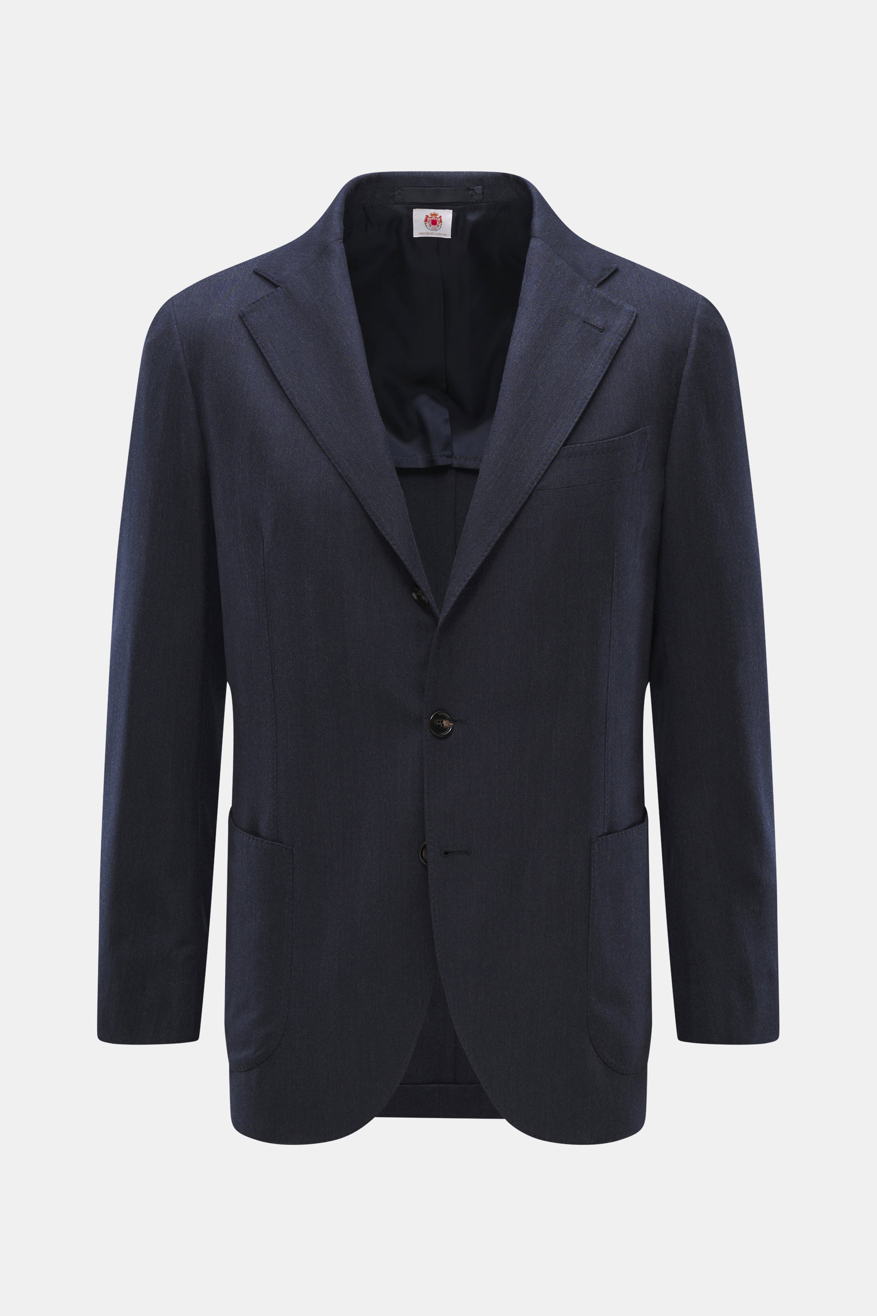 Front view of Borrelli Blazer 'Procida' grey blue, slim fit in a mix of virgin wool and cashmere with soft feel, tonal subtle herringbone, tailored three-button style, notched lapel, classic chest pocket, patch hip pockets, sleeve ends unfinished, rear si