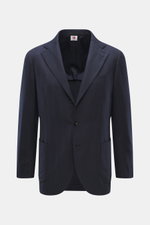 Front view of Borrelli Blazer 'Procida' grey blue, slim fit in a mix of virgin wool and cashmere with soft feel, tonal subtle herringbone, tailored three-button style, notched lapel, classic chest pocket, patch hip pockets, sleeve ends unfinished, rear si