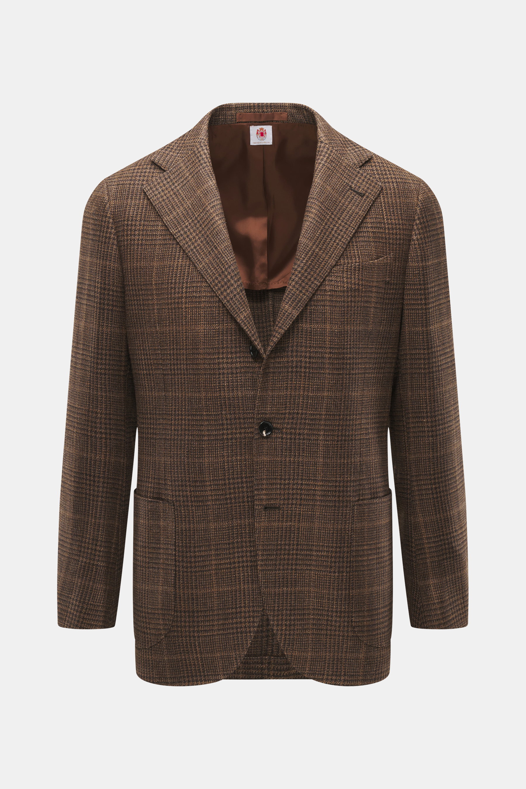 Front view of Borrelli Blazer 'Procida' brown/dark brown checkered in a slim fit, mix of wool and silk with slightly textured feel, classic Glencheck, tailored three-button style, notched lapel, classic breast pocket, patch hip pockets, unfinished sleeve 