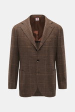 Front view of Borrelli Blazer 'Procida' brown/dark brown checkered in a slim fit, mix of wool and silk with slightly textured feel, classic Glencheck, tailored three-button style, notched lapel, classic breast pocket, patch hip pockets, unfinished sleeve 