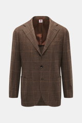 Front view of Borrelli Blazer 'Procida' brown/dark brown checkered in a slim fit, mix of wool and silk with slightly textured feel, classic Glencheck, tailored three-button style, notched lapel, classic breast pocket, patch hip pockets, unfinished sleeve 