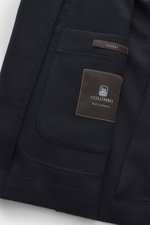 Colombo Kid Cashmere Blazer 'Robert' navy close-up of inner pocket label and stitching, photographed from inside front left side, pure kid cashmere, soft touch, lightweight, slim fit, notched lapel, tailored two-button, classic breast pocket, patch hip po