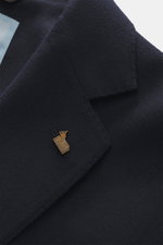 Close-up front angle of Colombo Kid Cashmere Blazer 'Robert' navy in ultra-light soft kid cashmere, featuring slim fit, notched lapel, tailored two-button style with classic breast pocket and patch hip pockets.