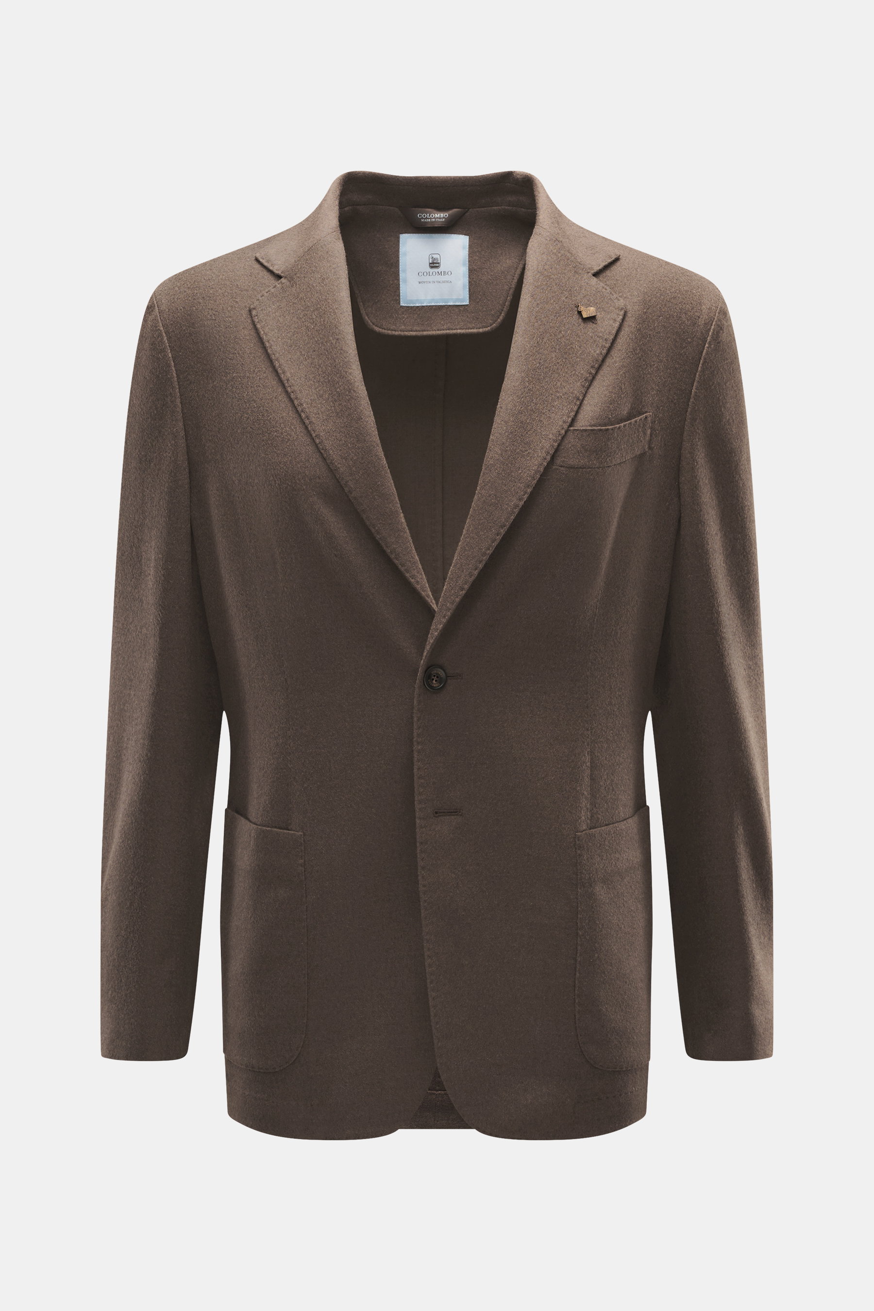 Front view of Colombo Kid Cashmere Blazer 'Robert' taupe in ultra-light pure kid cashmere, slim fit, notched lapel, two-button style, breast and patch hip pockets, unfinished cuffs, unconstructed design, rear side vents, and two inner pockets.