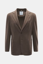 Front view of Colombo Kid Cashmere Blazer 'Robert' taupe in ultra-light pure kid cashmere, slim fit, notched lapel, two-button style, breast and patch hip pockets, unfinished cuffs, unconstructed design, rear side vents, and two inner pockets.