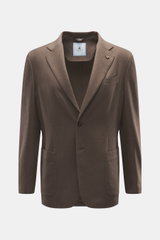 Front view of Colombo Kid Cashmere Blazer 'Robert' taupe in ultra-light pure kid cashmere, slim fit, notched lapel, two-button style, breast and patch hip pockets, unfinished cuffs, unconstructed design, rear side vents, and two inner pockets.