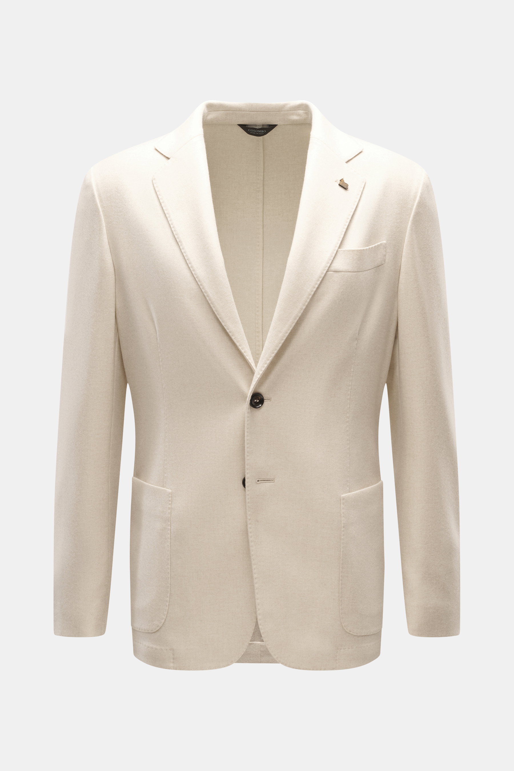 Colombo Kid Cashmere Blazer 'Robert' cream shown front view, unconstructed slim fit, soft Yangir Cashmere, two-button, breast & patch pockets.