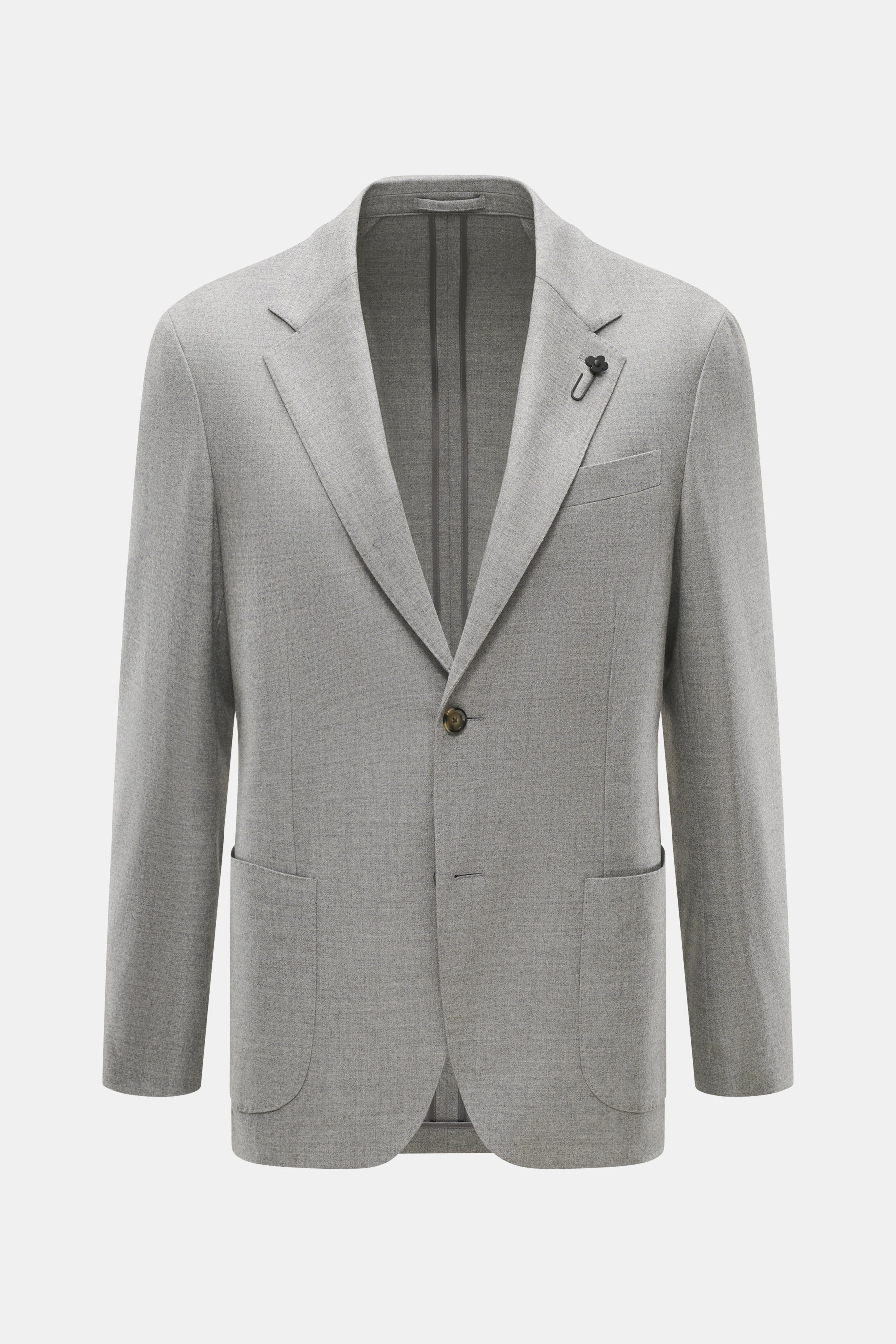 Front view of Lardini Jersey Blazer grey melange, slim fit with elastic virgin wool jersey, soft touch, tailored two-button style, notched lapel with flower pin, classic breast pocket, patch hip pockets, unfinished sleeve ends, rear side vents, unconstruc