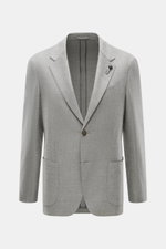 Front view of Lardini Jersey Blazer grey melange, slim fit with elastic virgin wool jersey, soft touch, tailored two-button style, notched lapel with flower pin, classic breast pocket, patch hip pockets, unfinished sleeve ends, rear side vents, unconstruc