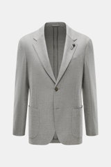 Front view of Lardini Jersey Blazer grey melange, slim fit with elastic virgin wool jersey, soft touch, tailored two-button style, notched lapel with flower pin, classic breast pocket, patch hip pockets, unfinished sleeve ends, rear side vents, unconstruc