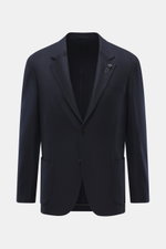 Front view of Lardini Jersey Blazer navy, slim fit with tailored two-button style, notched lapel with flower pin, classic breast pocket, patch hip pockets, unfinished sleeve ends, rear side vents, unconstructed design, jersey made of elastic virgin wool w
