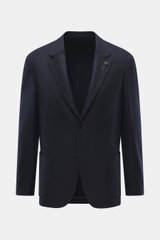 Front view of Lardini Jersey Blazer navy, slim fit with tailored two-button style, notched lapel with flower pin, classic breast pocket, patch hip pockets, unfinished sleeve ends, rear side vents, unconstructed design, jersey made of elastic virgin wool w