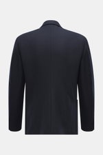 Lardini Jersey Blazer navy shown from the back, slim fit, elastic virgin wool jersey, soft touch, tailored two-button style, notched lapel with flower pin, classic breast pocket, patch hip pockets, unfinished sleeve ends, rear side vents, unconstructed de