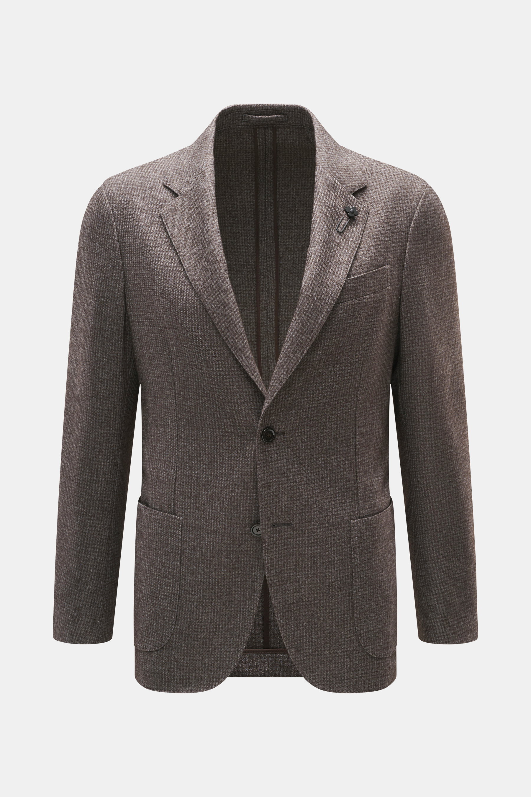 Lardini Sakko graubraun gemustert, Slim Fit, tailliert, frontale Nahaufnahme, Mix aus Wolle und Microfaser, weicher Griff, dezentes Karomuster, zwei Knöpfe, fallendes Revers mit Blüten-Anstecker, Brusttasche, aufgesetzte Hüfttaschen, Ärmelabschlüsse unfer