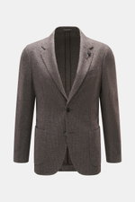 Front view of Lardini Blazer grey-brown patterned, mix of wool and microfiber, soft feel, subtle check pattern, Slim Fit, tailored two-button style, notched lapel with flower pin, classic breast pocket, patch hip pockets, unfinished sleeve hems, rear side