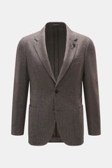 Front view of Lardini Blazer grey-brown patterned, mix of wool and microfiber, soft feel, subtle check pattern, Slim Fit, tailored two-button style, notched lapel with flower pin, classic breast pocket, patch hip pockets, unfinished sleeve hems, rear side