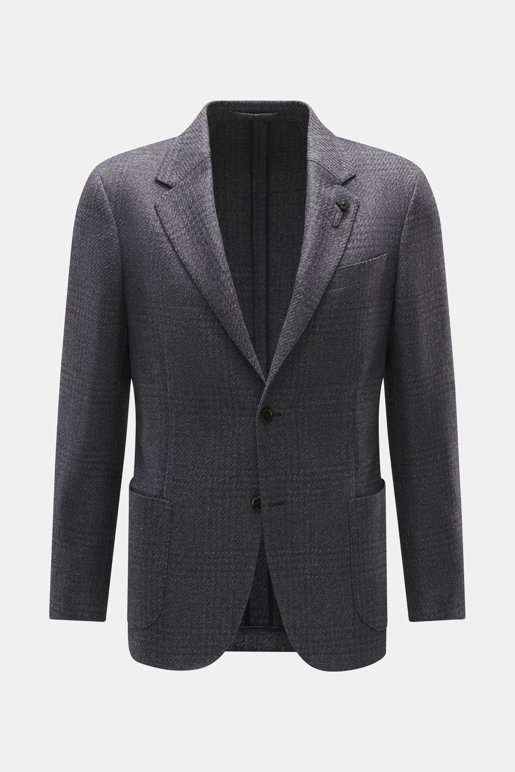 Lardini Sakko dunkelgrau meliert, Slim Fit, taillierter Zwei-Knopf-Stil, fallendes Revers mit Blüten-Anstecker, luftige Webstruktur, frontal fotografiert.
