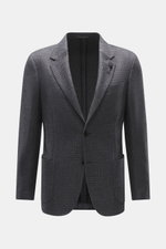 Front view of Lardini Blazer dark grey melange in slim fit, featuring a mix of wool, microfiber, cotton with soft feel, airy woven structure, subtle tonal Glencheck, fitted two-button style, notched lapel with flower pin, classic breast pocket, patch hip 