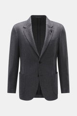 Front view of Lardini Blazer dark grey melange in slim fit, featuring a mix of wool, microfiber, cotton with soft feel, airy woven structure, subtle tonal Glencheck, fitted two-button style, notched lapel with flower pin, classic breast pocket, patch hip 