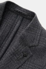 Lardini Blazer dark grey melange close-up from above showing soft wool, microfiber, cotton mix, tonal Glencheck, slim fit, two-button, notched lapel with flower pin.