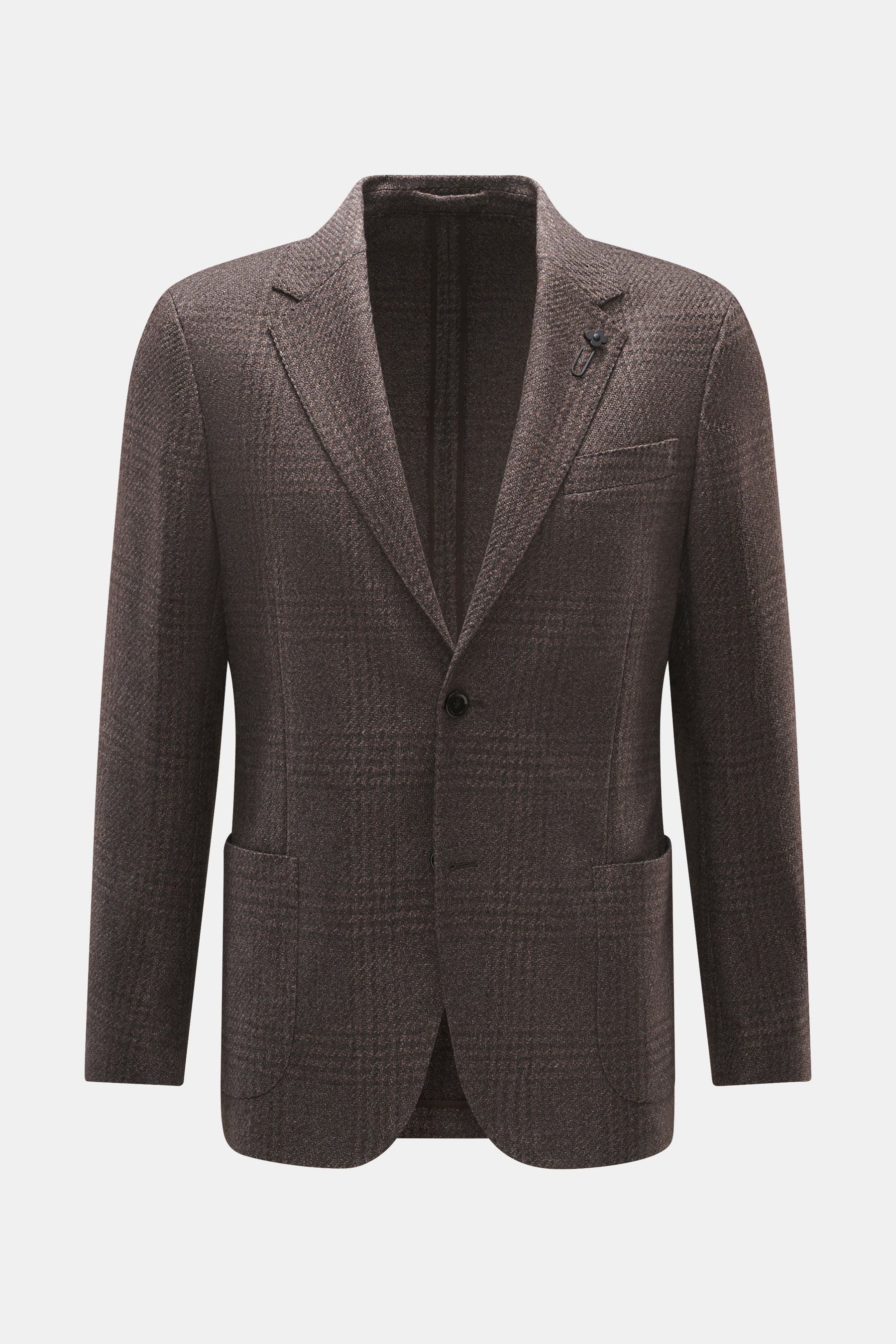 Lardini Sakko graubraun meliert, frontale Nahaufnahme, Slim Fit, Woll-Microfaser-Baumwollmix, weicher Griff, Glencheck, taillierter Zwei-Knopf-Stil, fallendes Revers mit Blüten-Anstecker, Brust- und Hüfttaschen, unfertige Ärmelabschlüsse, Seitenschlitze, 