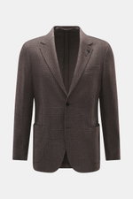 Lardini Blazer grey-brown melange front view, slim fit, unconstructed, soft wool microfiber cotton blend, tonal Glencheck, notched lapel flower pin.