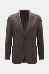 Lardini Blazer grey-brown melange front view, slim fit, unconstructed, soft wool microfiber cotton blend, tonal Glencheck, notched lapel flower pin.