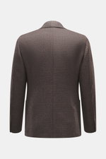 Lardini Blazer grey-brown melange shown from the back, featuring a mix of wool, microfiber, cotton, soft feel, airy woven structure, subtle tonal Glencheck, slim fit, fitted two-button style, notched lapel with flower pin, classic breast pocket, patch hip