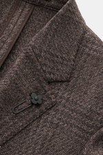 Close-up front angled view of Lardini Blazer grey-brown melange with soft feel, wool, microfiber, cotton mix, tonal Glencheck, slim fit, two-button, notched lapel, flower pin.