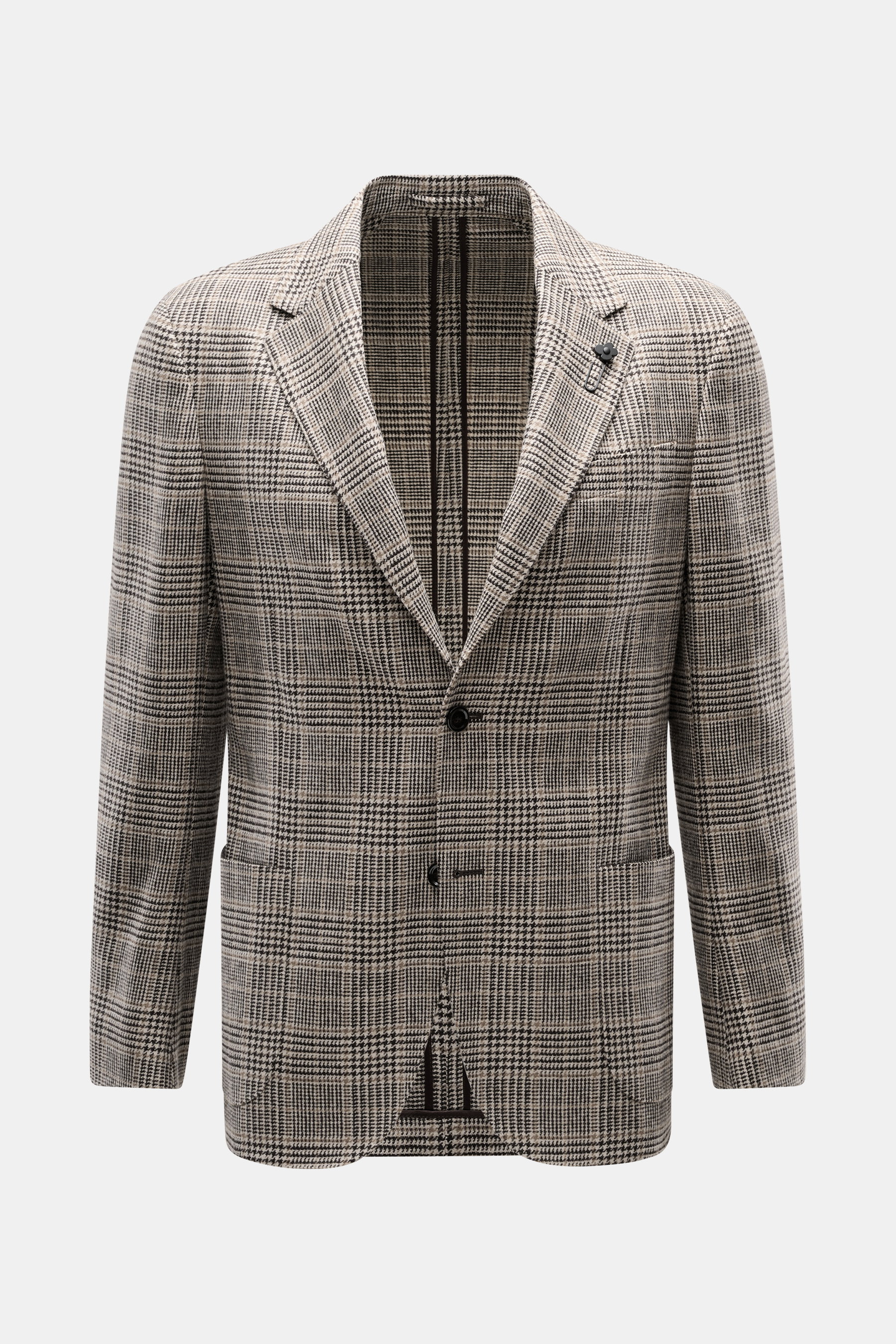 Front view of Lardini Blazer Beige/Dark Brown Checked, slim fit tailored two-button style with pure virgin wool, soft touch, Glencheck woven pattern, notched lapel with flower pin, classic breast pocket, patch hip pockets, unfinished sleeve ends, rear sid