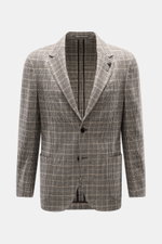Front view of Lardini Blazer Beige/Dark Brown Checked, slim fit tailored two-button style with pure virgin wool, soft touch, Glencheck woven pattern, notched lapel with flower pin, classic breast pocket, patch hip pockets, unfinished sleeve ends, rear sid