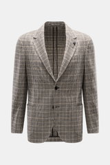 Front view of Lardini Blazer Beige/Dark Brown Checked, slim fit tailored two-button style with pure virgin wool, soft touch, Glencheck woven pattern, notched lapel with flower pin, classic breast pocket, patch hip pockets, unfinished sleeve ends, rear sid