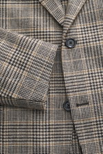 Lardini Blazer Beige/Dark Brown Checked shown from a close-up front angle, featuring pure virgin wool, soft touch, Glencheck woven pattern, slim fit, tailored two-button style, notched lapel with flower pin, classic breast pocket, patch hip pockets, unfin