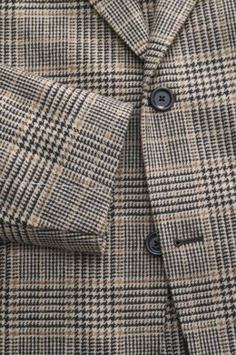 Lardini Blazer Beige/Dark Brown Checked shown from a close-up front angle, featuring pure virgin wool, soft touch, Glencheck woven pattern, slim fit, tailored two-button style, notched lapel with flower pin, classic breast pocket, patch hip pockets, unfin