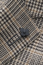 Close-up front view of Lardini Blazer Beige/Dark Brown Checked showing Glencheck woven pattern, pure virgin wool, soft touch, slim fit, tailored two-button style, notched lapel with flower pin, classic breast pocket, patch hip pockets, unfinished sleeve e