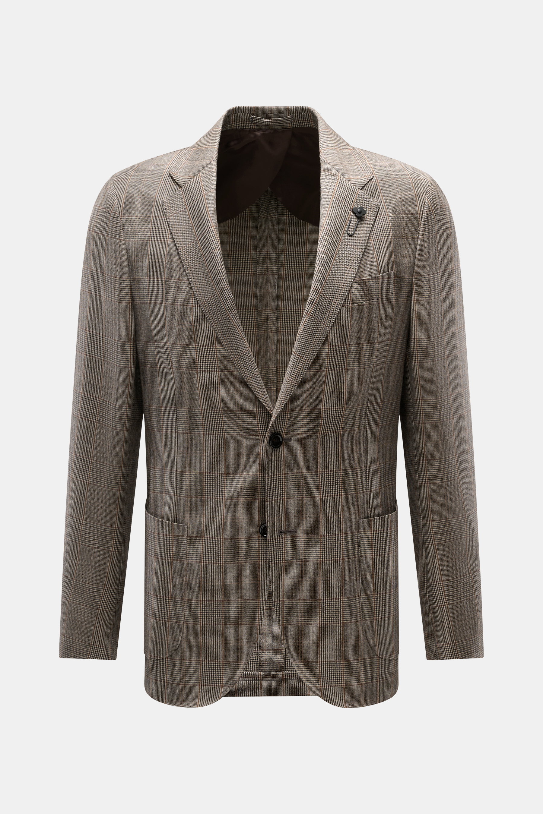 Lardini Blazer Beige/Black Checked front view showing slim fit, pure virgin wool, soft touch, Glencheck pattern, two-button, notched lapel with flower pin, breast and patch hip pockets, unfinished sleeve ends, rear vents, unconstructed design, and two ins