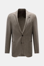 Lardini Blazer Beige/Black Checked front view showing slim fit, pure virgin wool, soft touch, Glencheck pattern, two-button, notched lapel with flower pin, breast and patch hip pockets, unfinished sleeve ends, rear vents, unconstructed design, and two ins