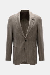 Lardini Blazer Beige/Black Checked front view showing slim fit, pure virgin wool, soft touch, Glencheck pattern, two-button, notched lapel with flower pin, breast and patch hip pockets, unfinished sleeve ends, rear vents, unconstructed design, and two ins