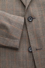 Lardini Blazer Beige/Black Checked shown from a close-up front angle, featuring pure virgin wool, soft touch, Glencheck woven pattern, slim fit, tailored two-button style, notched lapel with flower pin, classic breast pocket, patch hip pockets, unfinished