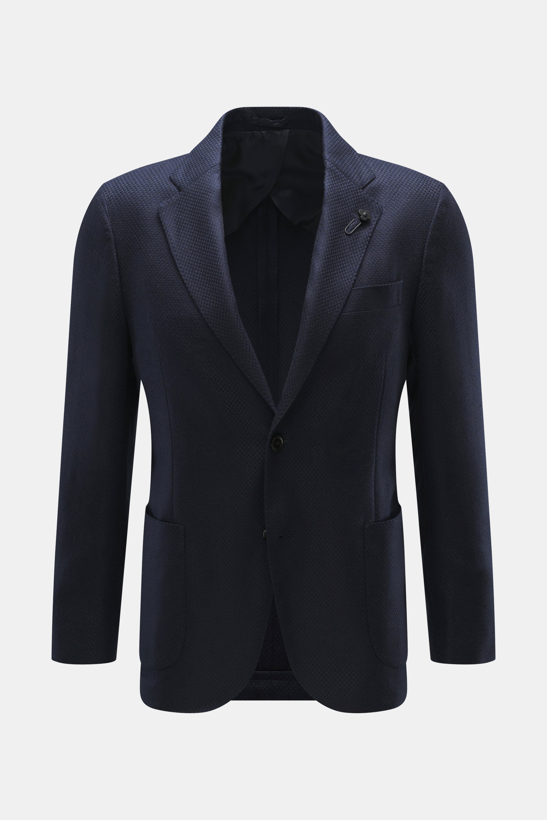 Lardini Sakko navy aus Cashmere und Seide, Slim Fit, luftige Panamabindung, fallendes Revers, Blüten-Anstecker, Zwei-Knopf-Stil, frontal.