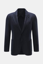 Front view of Lardini Navy Blazer in a mix of cashmere and silk with airy Panama weave, soft touch, slim fit, dropped lapel with flower pin, tailored two-button style, classic breast pocket, patch hip pockets, unfinished sleeve cuffs, rear side vents, unc