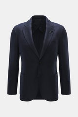 Front view of Lardini Navy Blazer in a mix of cashmere and silk with airy Panama weave, soft touch, slim fit, dropped lapel with flower pin, tailored two-button style, classic breast pocket, patch hip pockets, unfinished sleeve cuffs, rear side vents, unc