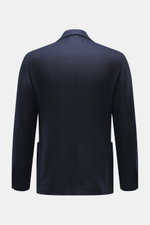 Lardini Navy Blazer rear view showing slim fit, mix of cashmere and silk, airy Panama weave, soft touch, dropped lapel with flower pin, tailored two-button style, classic breast pocket, patch hip pockets, unfinished sleeve cuffs, rear side vents, unconstr