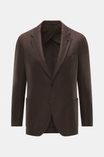 Lardini Blazer dark brown front view, slim fit, mix of cashmere and silk, airy Panama weave, soft touch, dropped lapel with flower pin, tailored two-button style, classic breast pocket, patch hip pockets, unfinished sleeve cuffs, rear side vents, unconstr